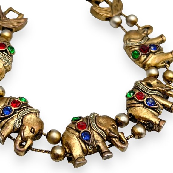 Vintage Brass & Mogul Red/Blue/Green Rhinestone Elephant Charm Slide Bracelet - Picture 2 of 9